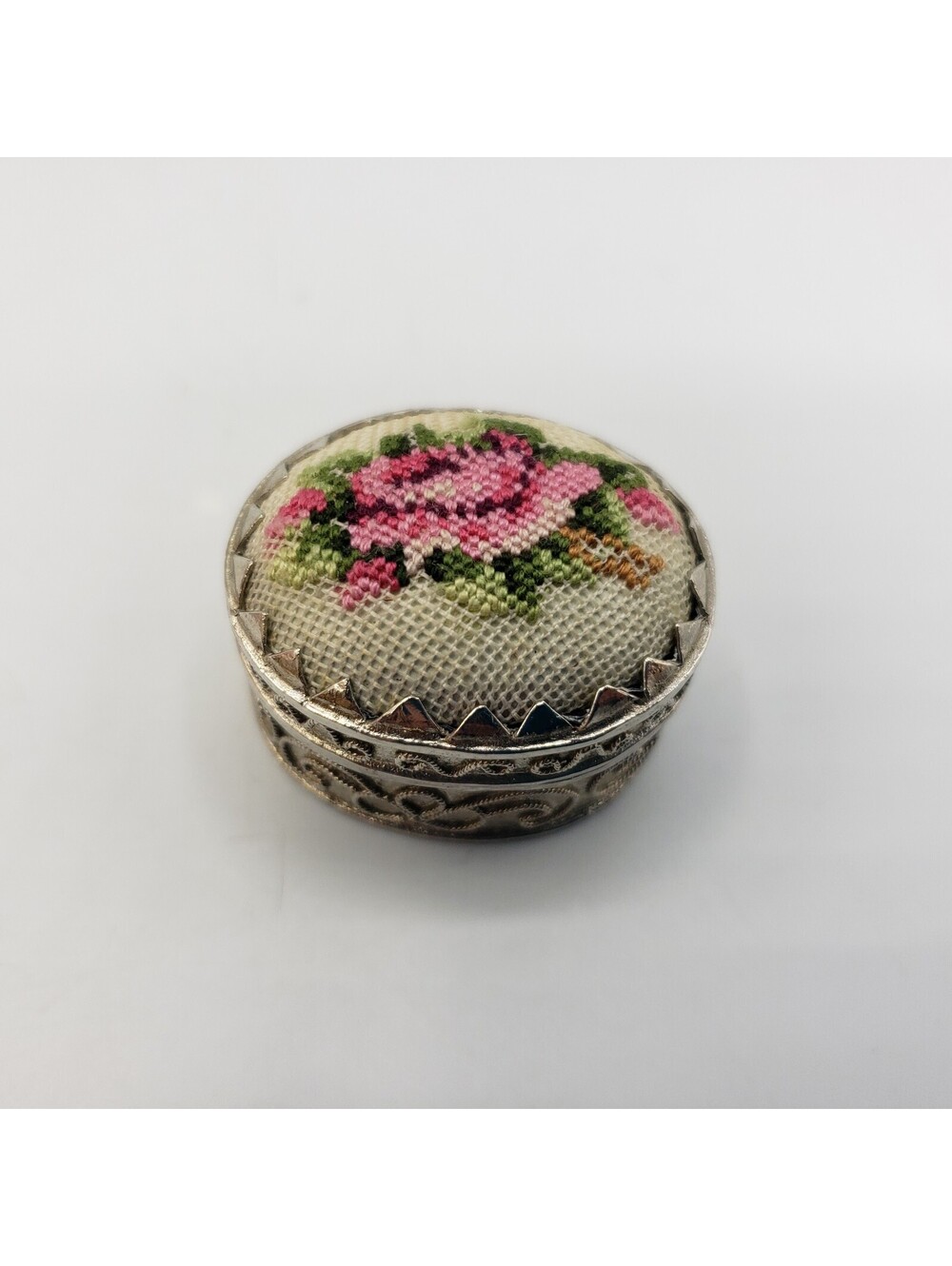 Vintage Silver Toned Pill Trinket Box Metal Petite Point Pink Rose Top Oval
